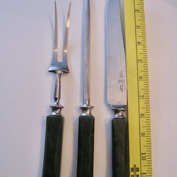 Vintage Malachite Handle Carving Set Wingen Soligen Othello 3-Piece GERMANY